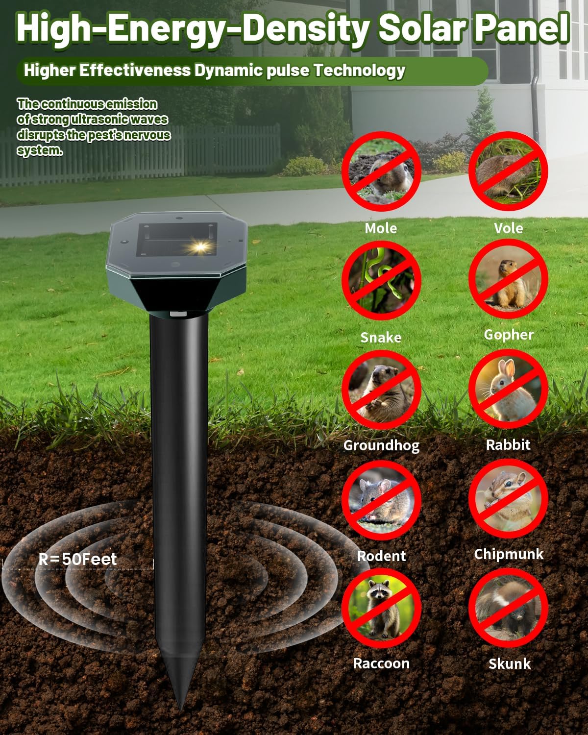 Solar-Powered Ultrasonic Animal Repeller, IP65 Waterproof, Effective for Snakes, Moles, Rabbits