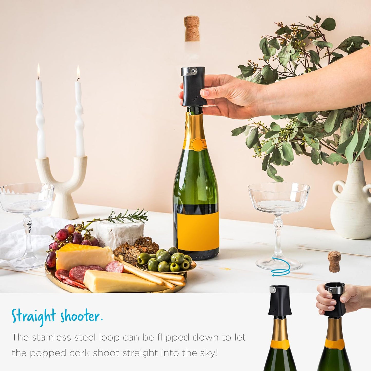 Safe, Fast, and Convenient Champagne Opener | Cork Popper & Catcher | Black