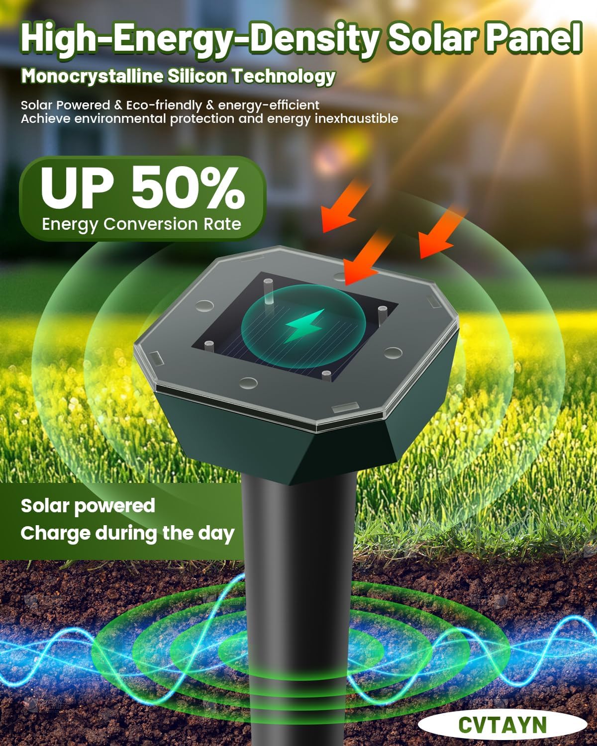 Solar-Powered Ultrasonic Animal Repeller, IP65 Waterproof, Effective for Snakes, Moles, Rabbits