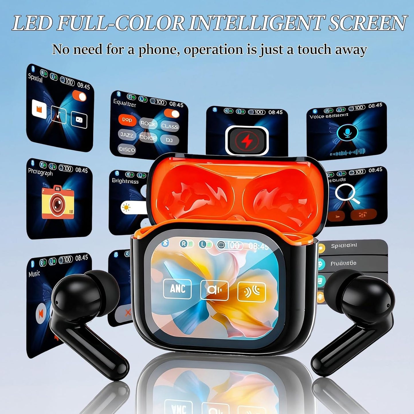 Real-Time Translation Earbuds — AI Smart Noise Cancelling Bluetooth 6.0 Touchscreen Earbuds (Black)