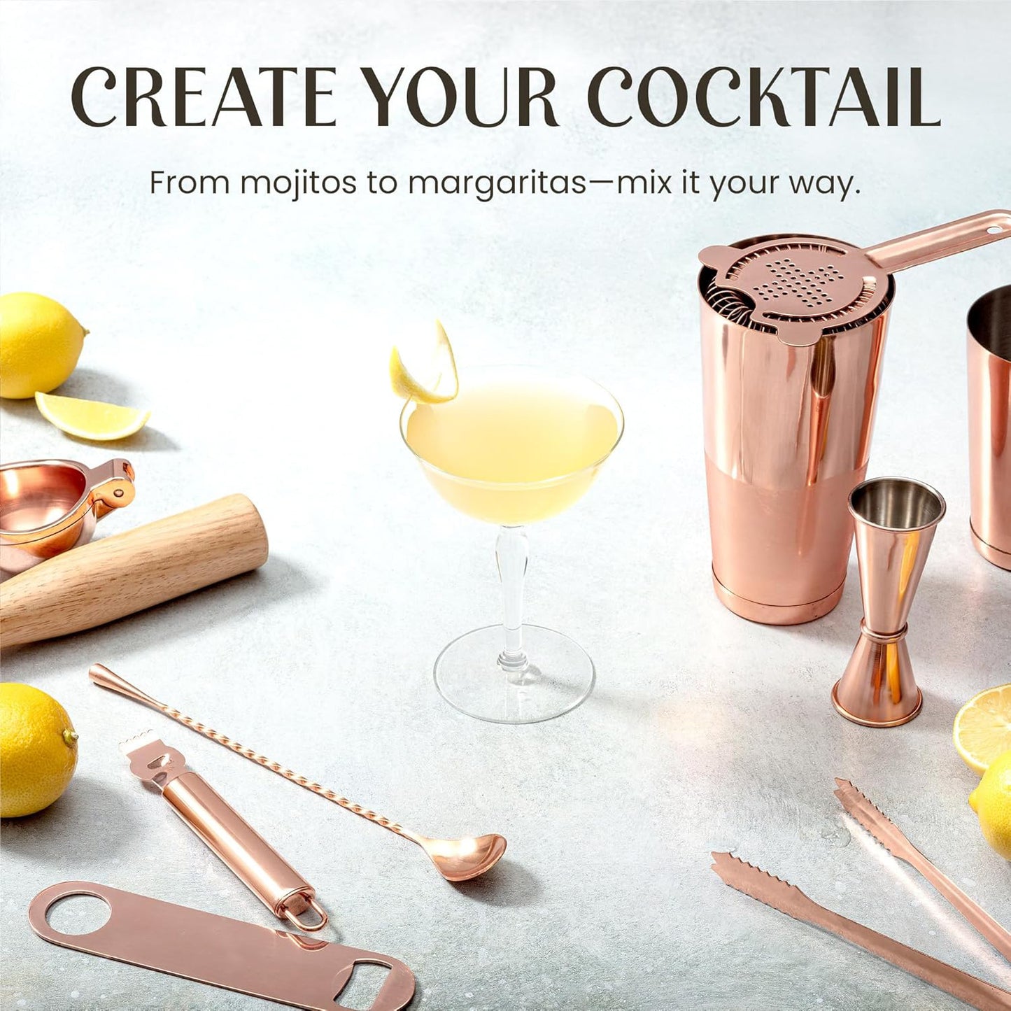 Travel Bartender Kit | Professional 17-Piece Copper Bar Tools Set with Portable Bar Bag