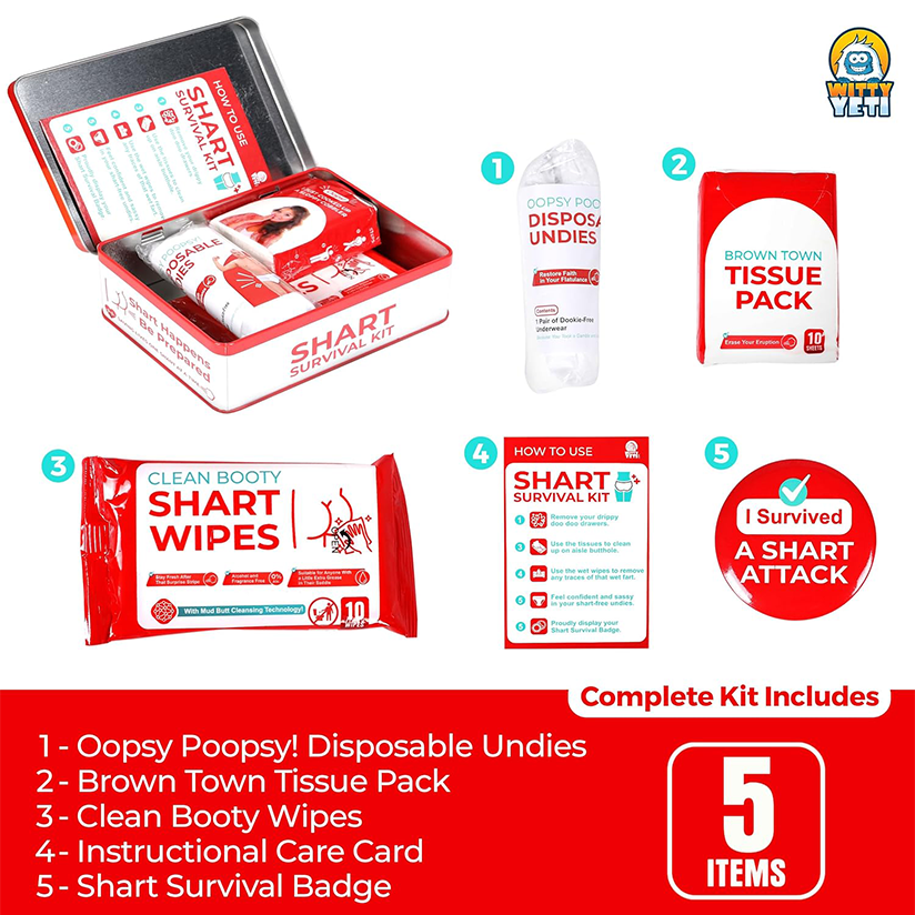 The prank poop kit includes wet wipes and disposable underwear