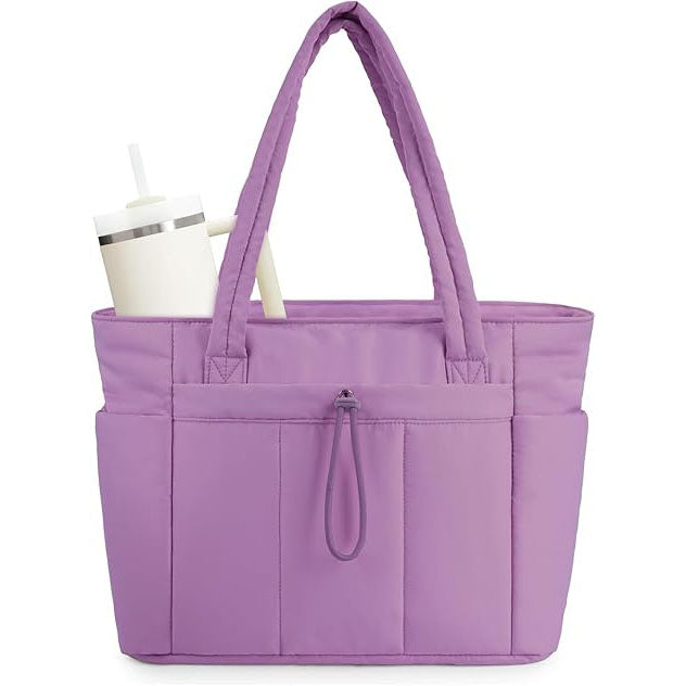 Puffer Tote Bag with Cup Holder, Laptop Compartment & Trolley Sleeve
