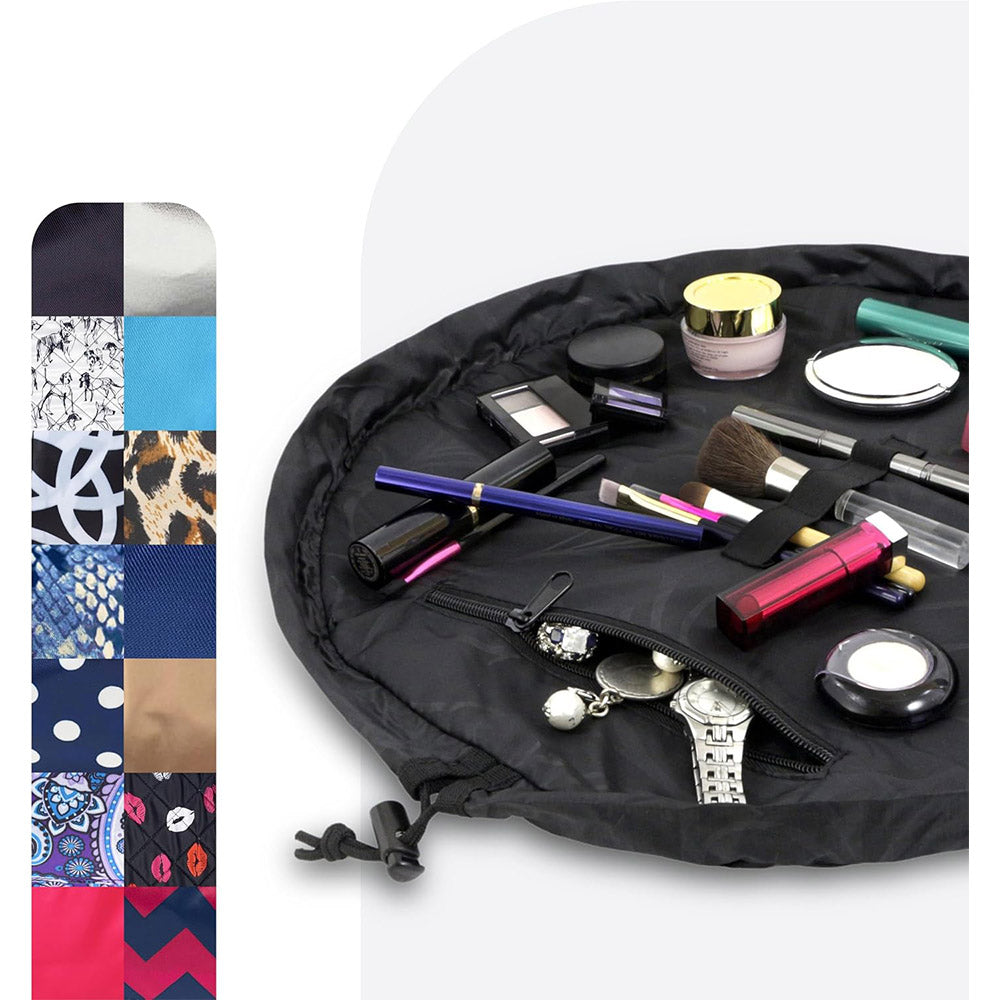 Layflat Drawstring Cosmetic &amp; Makeup Organizer — 16-Inch Multi-Layer Portable Travel Toiletry Bag (Machine Washable)