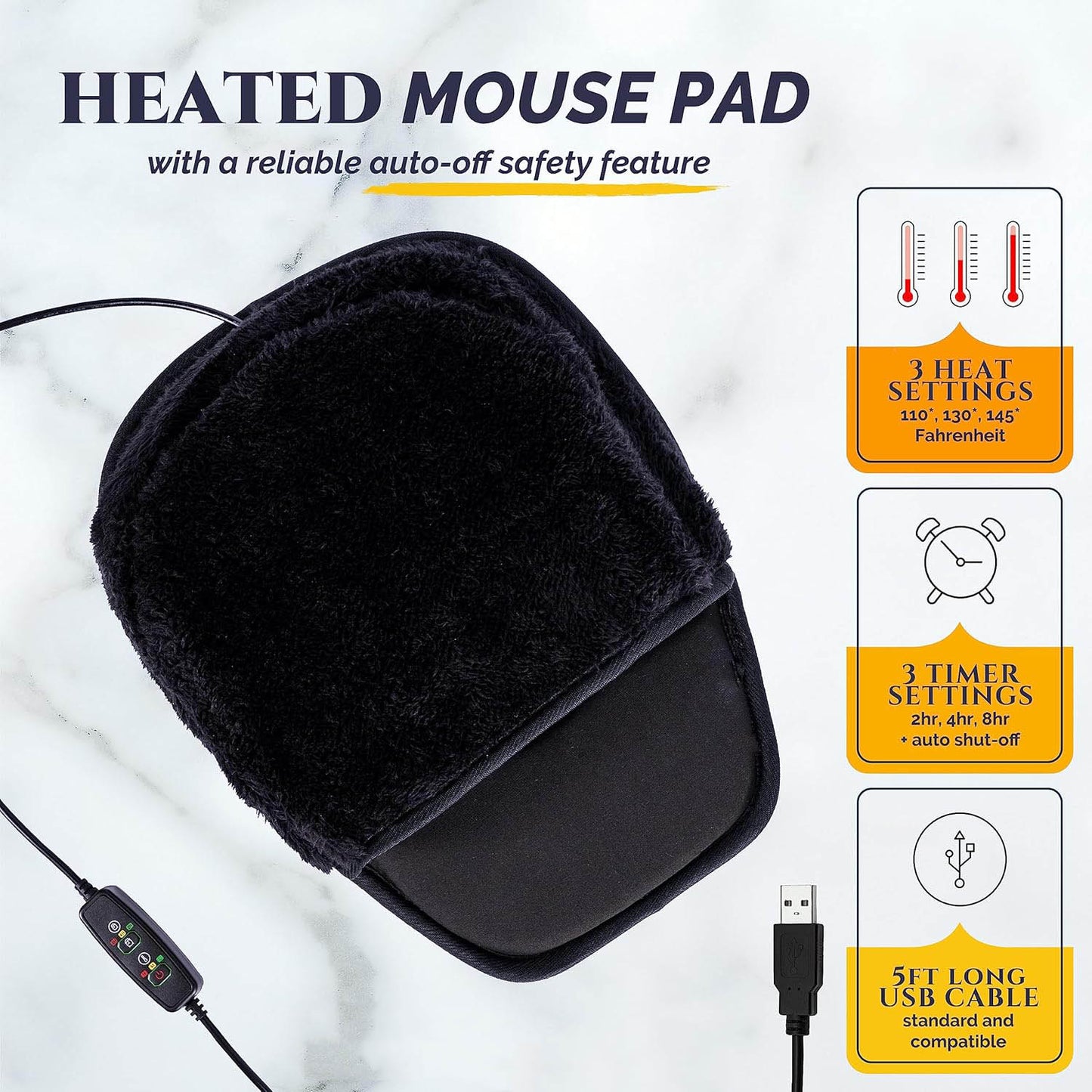 USB Heated Mouse Pad Hand Warmer - 3 Temperature and Time Settings - Includes Controller