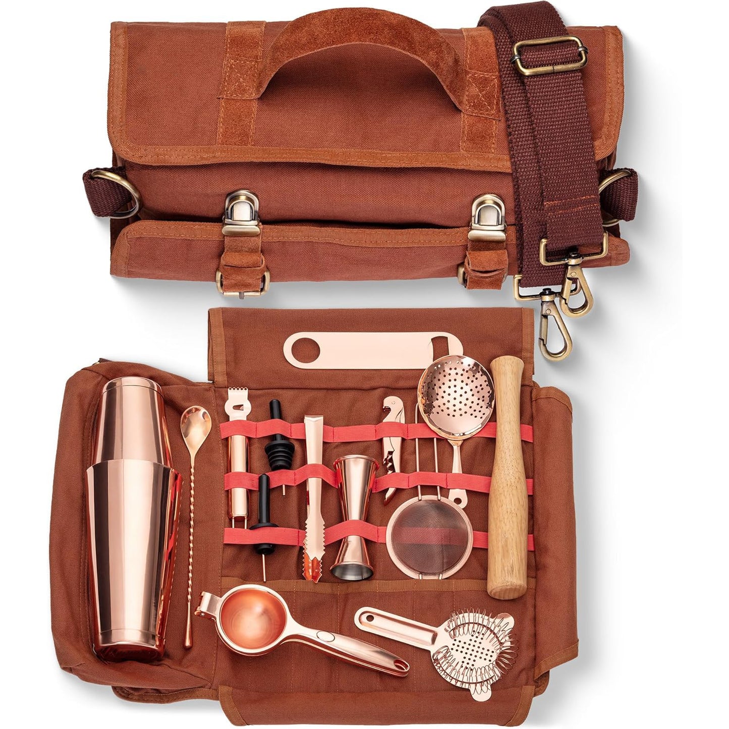 Travel Bartender Kit | Professional 17-Piece Copper Bar Tools Set with Portable Bar Bag