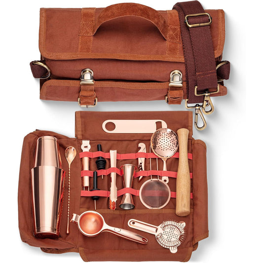 Travel Bartender Kit | Professional 17-Piece Copper Bar Tools Set with Portable Bar Bag