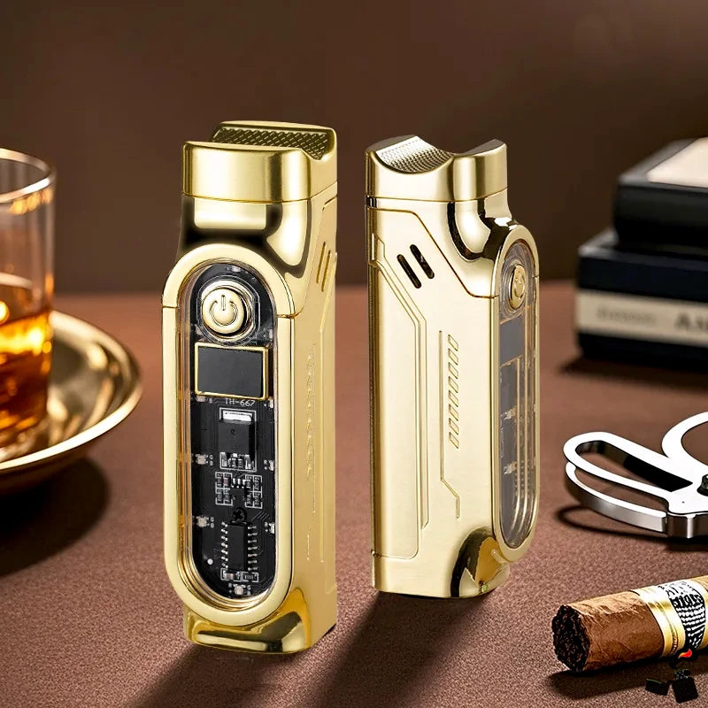 Triple Flame Lighter with Digital Display, Cigar Punch, LED Indicator, and Type-C Charging