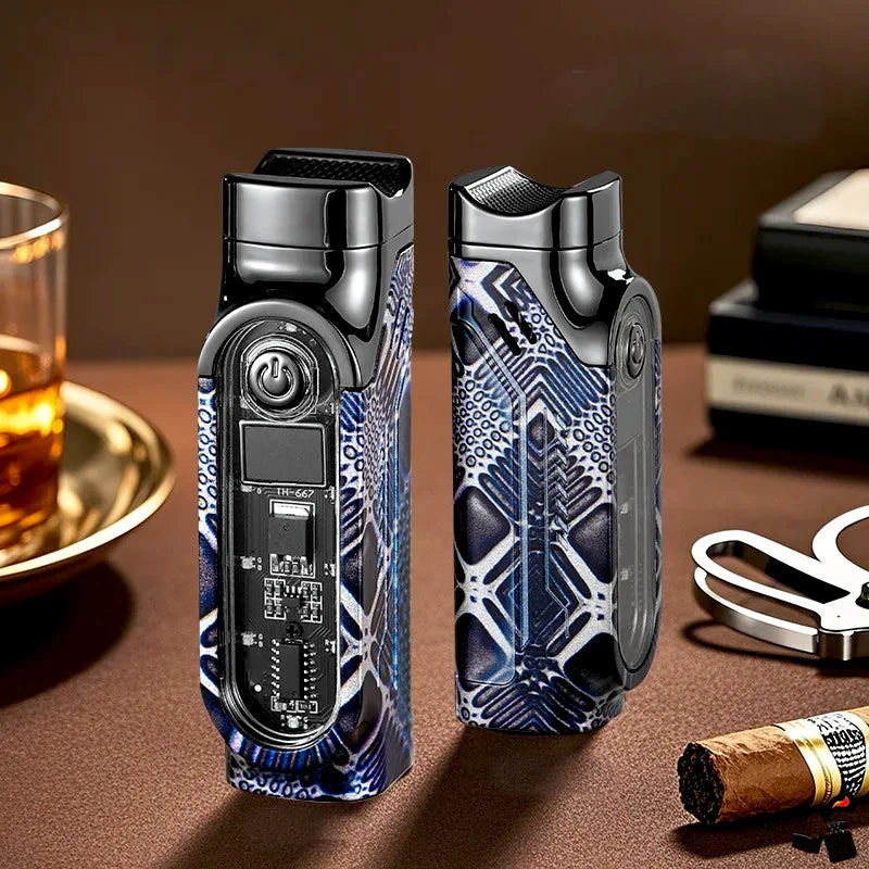 Triple Flame Lighter with Digital Display, Cigar Punch, LED Indicator, and Type-C Charging