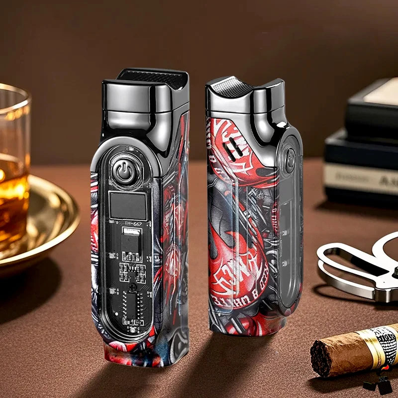 Triple Flame Lighter with Digital Display, Cigar Punch, LED Indicator, and Type-C Charging