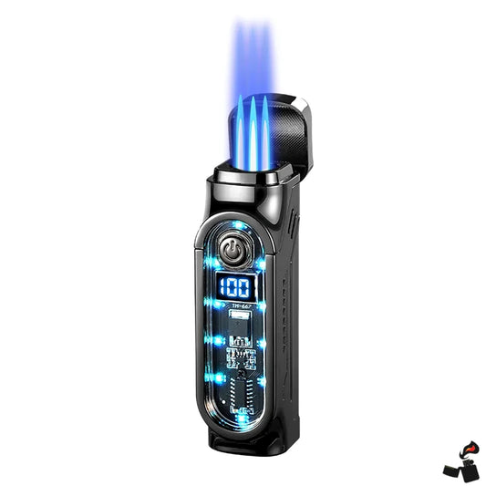 Triple Flame Lighter with Digital Display, Cigar Punch, LED Indicator, and Type-C Charging