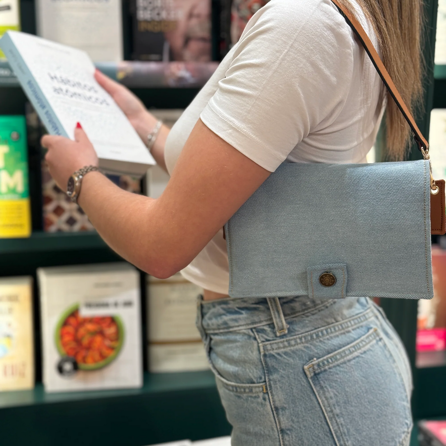 Durable Cotton Denim Book Bag – Padded Interior & Vegan Leather Details