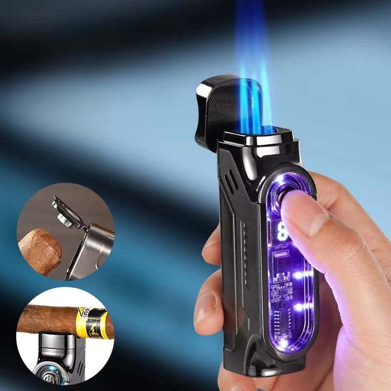 Triple Flame Lighter with Digital Display, Cigar Punch, LED Indicator, and Type-C Charging