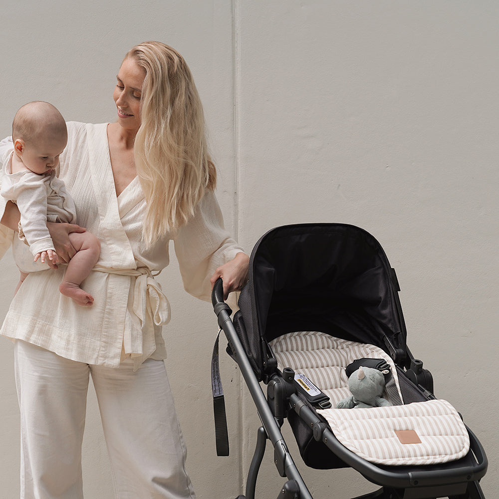 Natural Striped Universal Linen Stroller Pad – Hypoallergenic, Temperature-Regulating