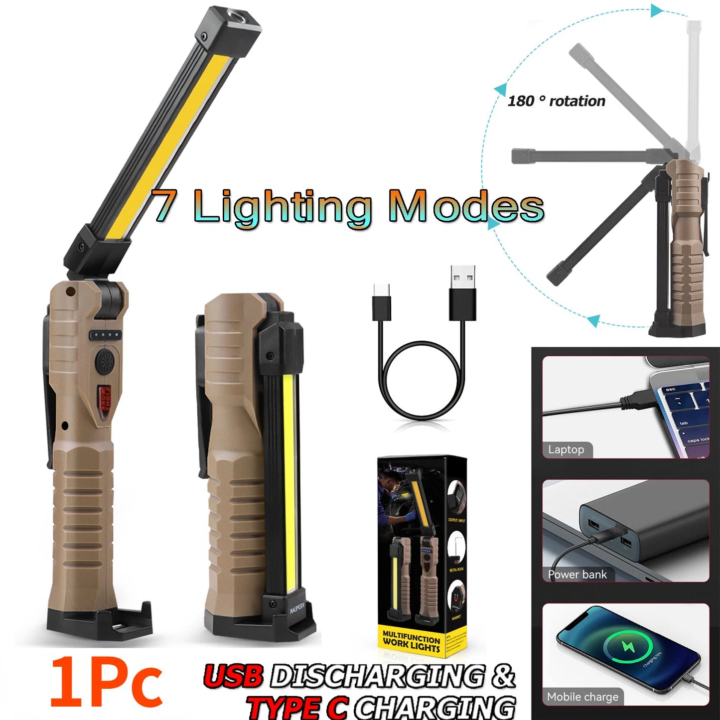7-Mode Folding LED COB Work Light, C-Type Magnetic Emergency Flashlight