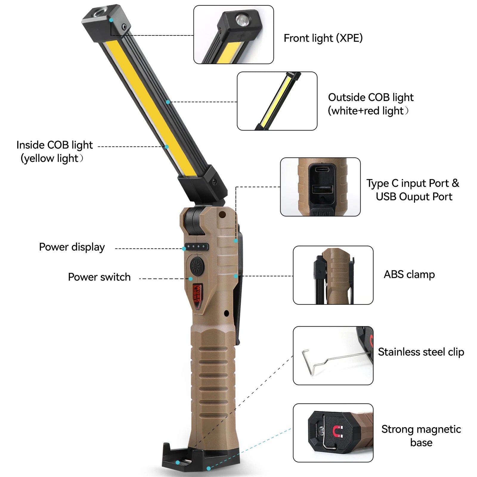 7-Mode Folding LED COB Work Light, C-Type Magnetic Emergency Flashlight