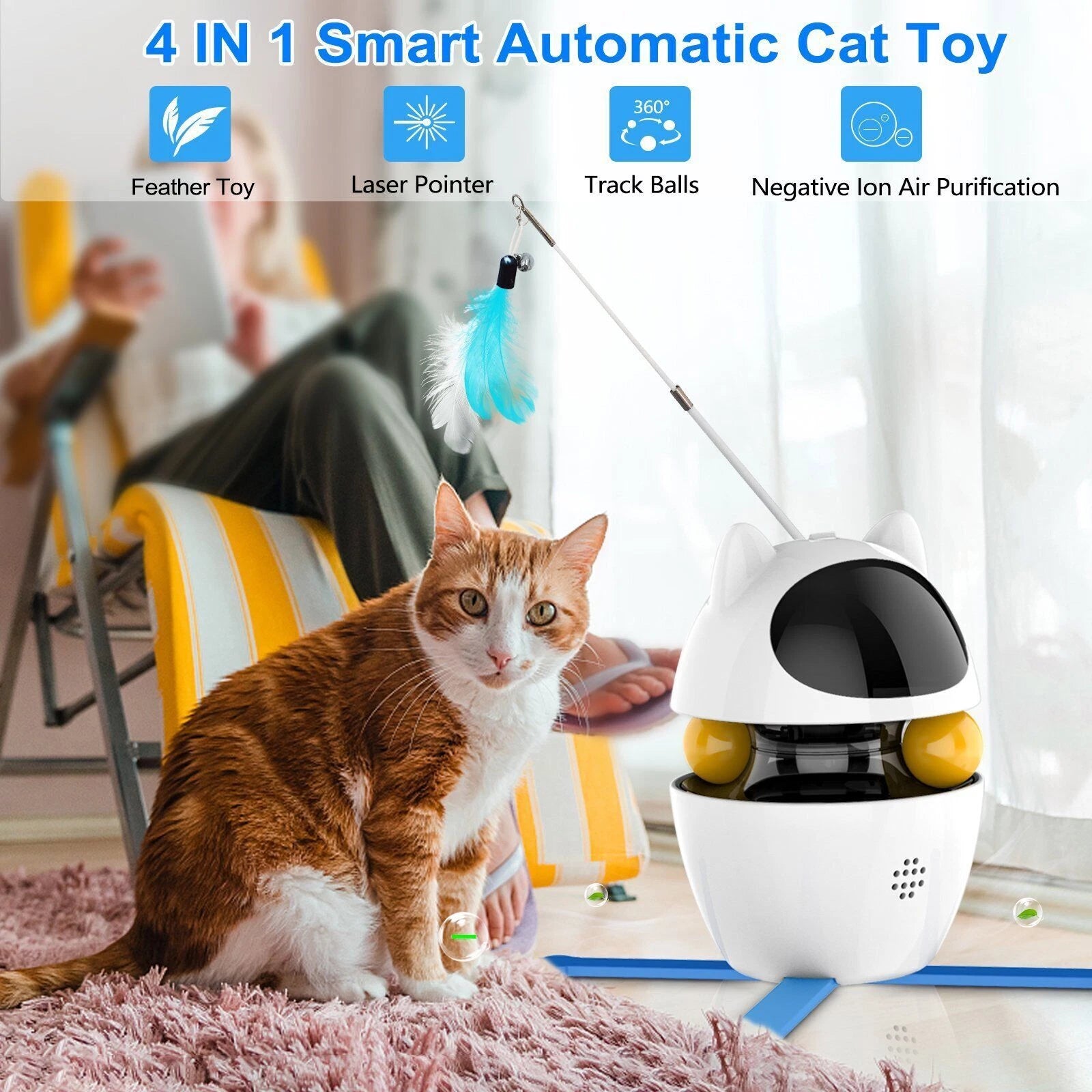 4-in-1 Automatic Interactive Cat Toy, USB Rechargeable Hands-Free Cat Teaser