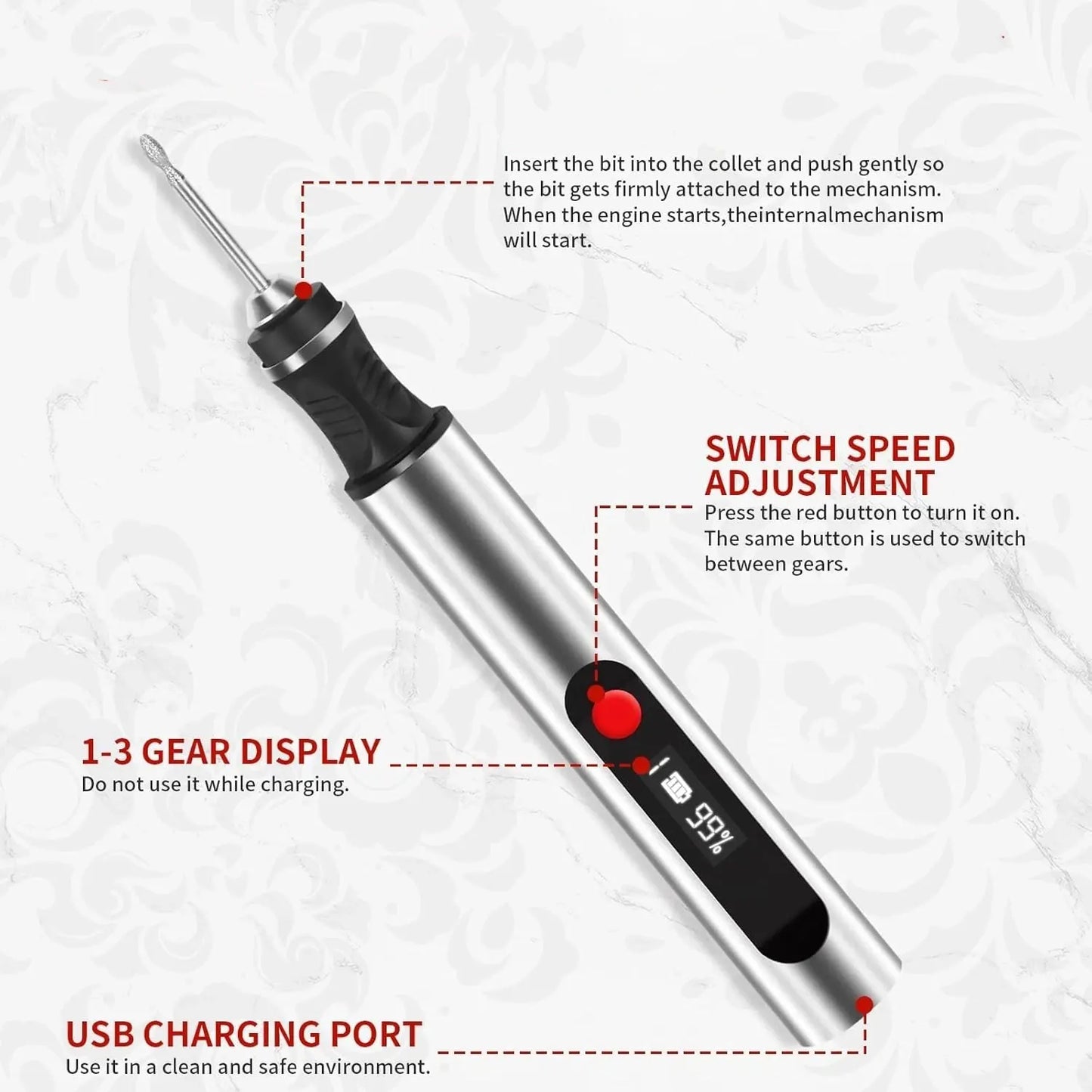 Wireless Electric Carving Pen - 30 Piece Portable Set, Rechargeable Design