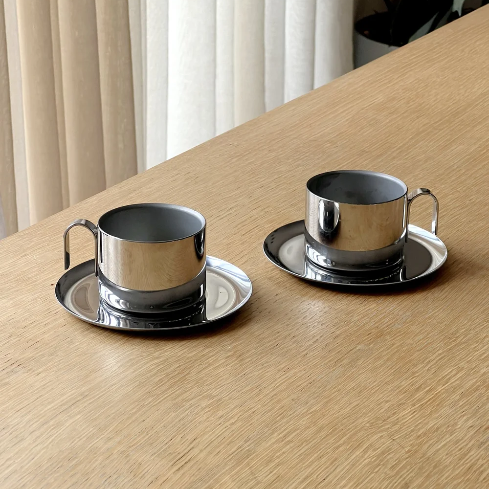 Steel Mug, Spoon, and Tray Set